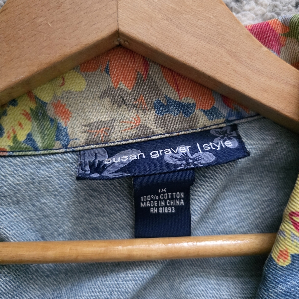 Vintage Susan Graver Denim Jacket Shacket Womens Size 1x Floral Cotton Boho - Picture 5 of 8